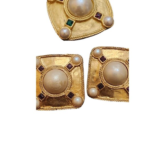 Vintage 80s Matte Gold & Pearl Brooch Set (A2531) - Picture 3 of 5